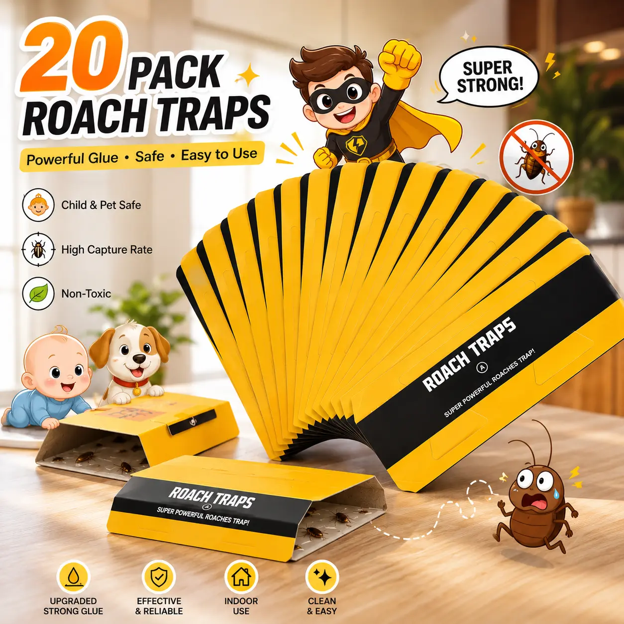 20 Pack Roach Traps, Cockroach Traps Indoor Home, Glue Roach Traps, Child & Pets Safe(Upgrade Recipe)