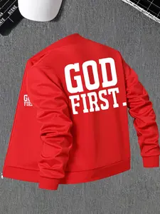 Men's Regular Fit God First Print Zip Up Hooded Jacket, Casual Long Sleeve Stand Collar Outerwear for Spring & Fall, Fashion Men's Clothes for Daily Wear, Coats, Menswear
