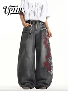 UP.THE Men's Loose-Fit Wide Leg Jeans - Y2K Embroidered Totem Fabric Streetwear for Skateboarders, Menswear Everyday Wear, Oversized Plain T-Shirt Compatible Bottoms