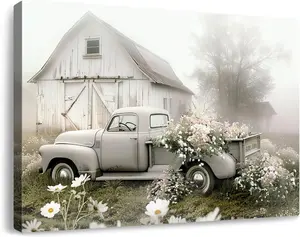 Rustic Farmhouse Barn Canvas Wall Art Framed Misty Countryside Field Landscape Painting Rusty Old Truck Loaded With Flowers Picture Prints for Bedroom Living Room Office Decor SHJY-00100