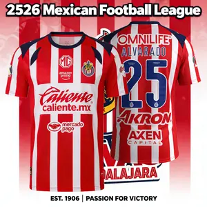 2526 Chivas CD Guadalajara Home  Alvarado #25 Jersey Vintage Mexico Red and White Stripe Short Sleeve Top Football Jersey LIGAMX