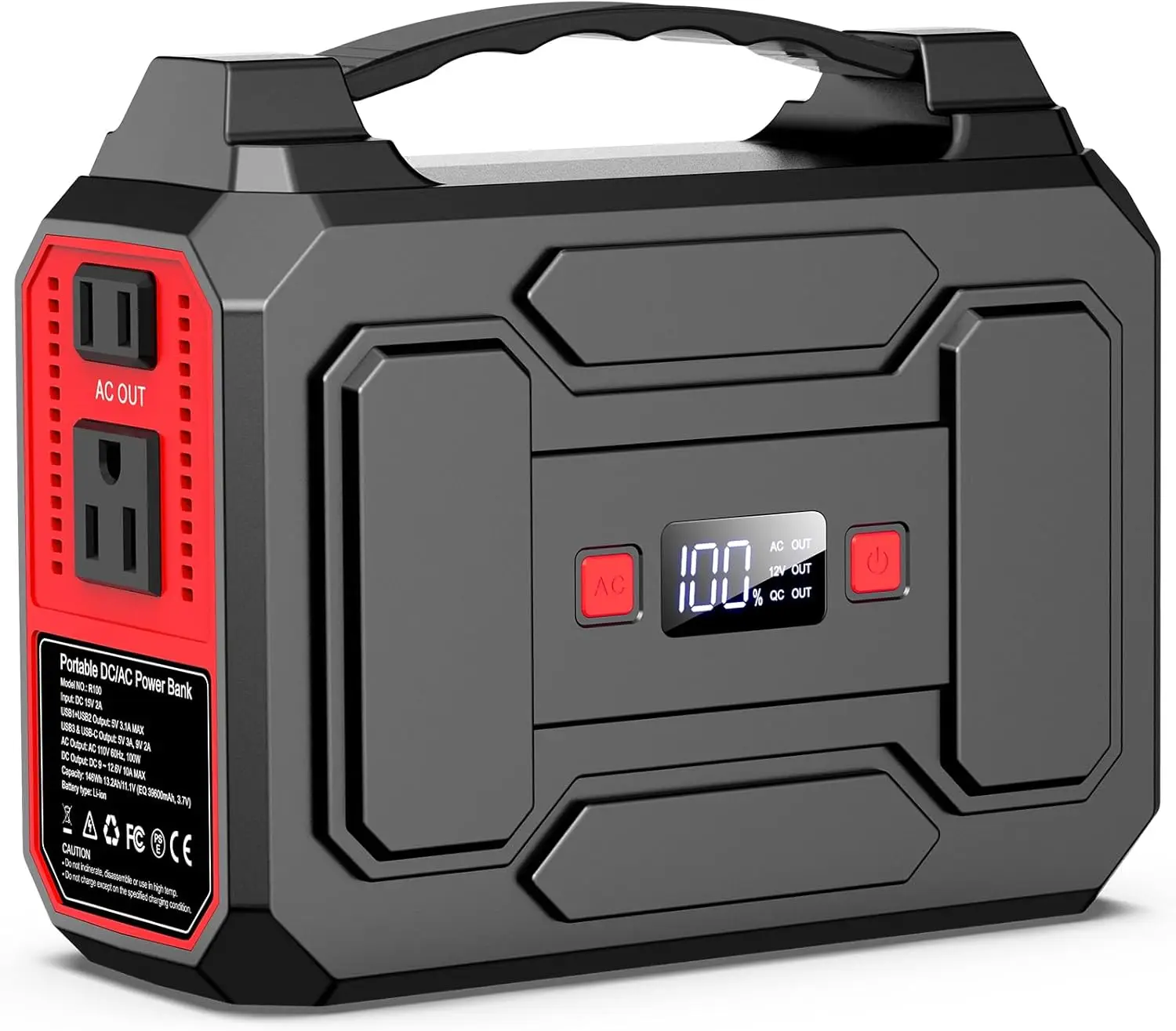 146Wh Portable Power Station, 200W Peak (100W Rated), Solar Power Bank with 110V AC Outlet, 39600mAh, USB QC3.0, LED Light for Camping & Emergenrcy