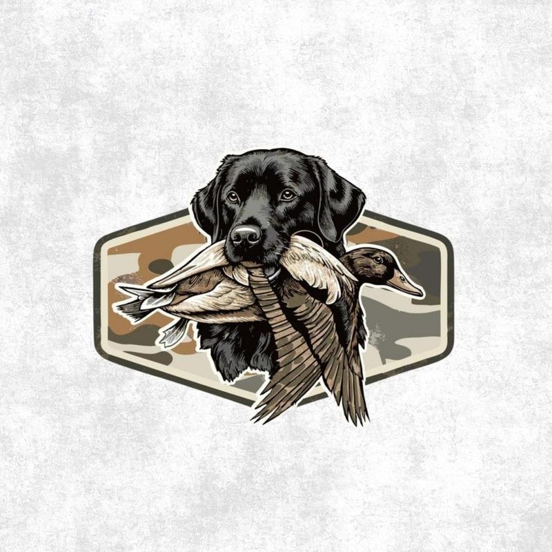 _Black Lab Hunting Dog with Duck Sticker, Duck Camo Labrador Decal, Retro Camo Hunting Patch Hunting Boys Sticker