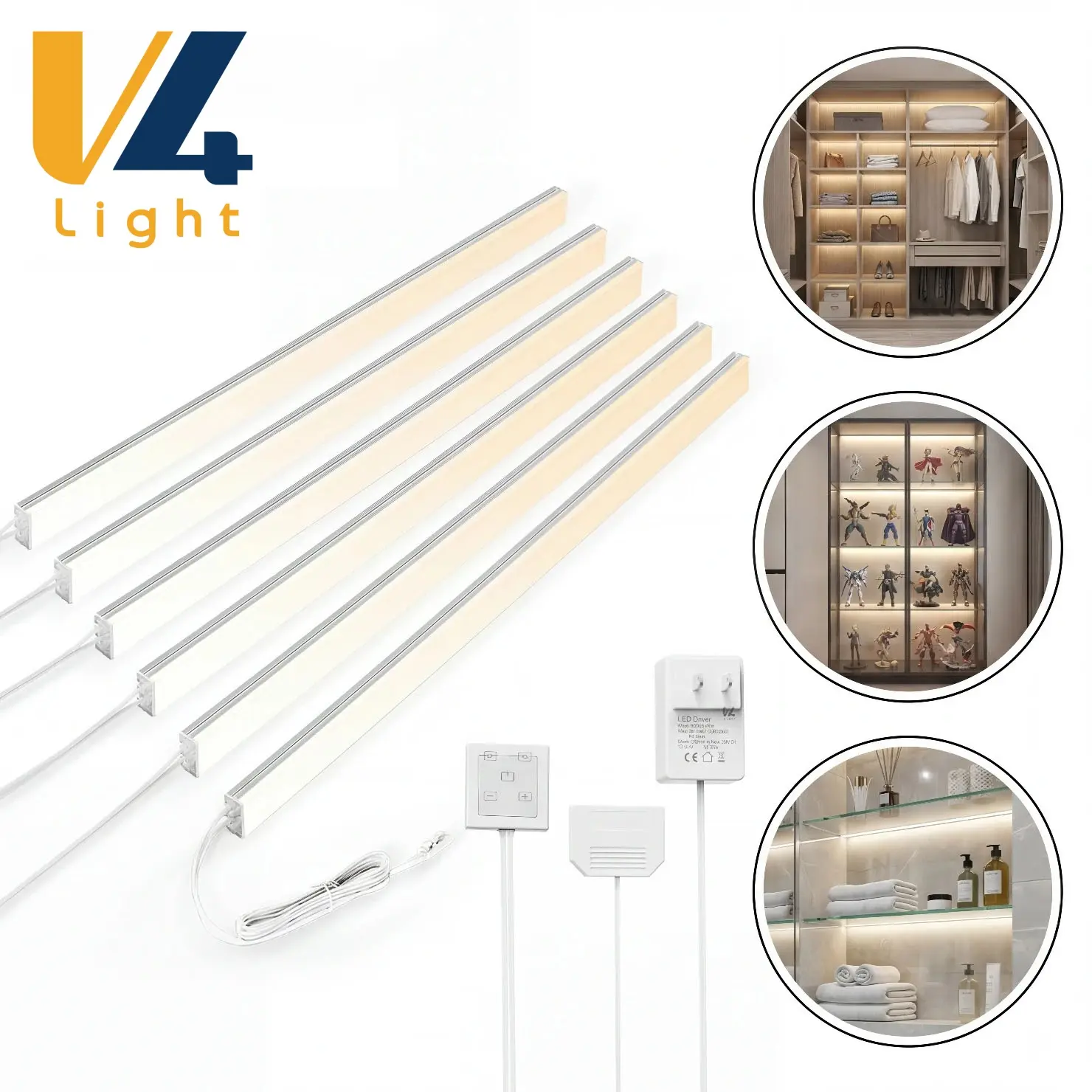 V4light Under-Cabinet LED Light Bars, 6-Pack Ultra Slim Aluminum Plug-in Lights with Touch Dimmer, Linkable 2700K-6500K for Kitchen, Closet