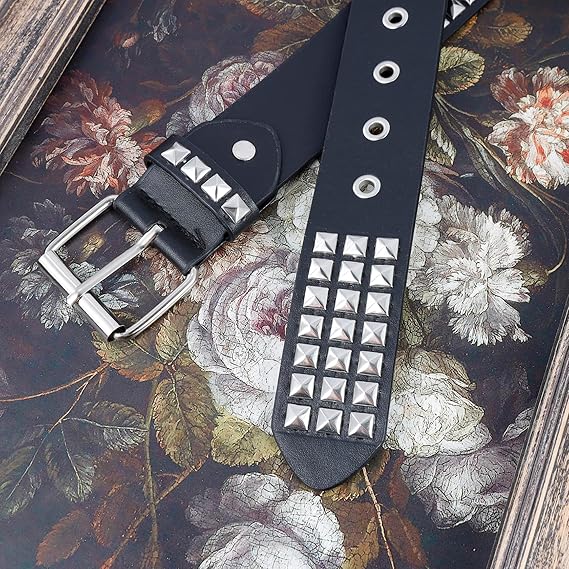 Black Studded Belt, PU Leather Statement Waist Belt with Silver Rivets, Fashion Accessory for Festival Concert Party Outfits