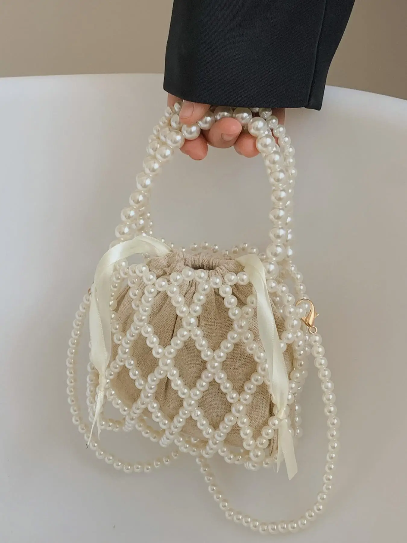 Faux Pearl Decorated Handbag As Mothers Day Gift, Elegant Drawstring Design Handbag for Women & Girls, Casual Trendy Versatile High-quality Daily Comm