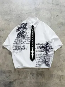 Unisex Gothic Skull Chain Shirt, Y2K Retro Streetwear Street Style Shirt with Tie, Dark Alternative Fashion for Men, Punk Gothic Casual Formal Collar Shirt, Gothic Aesthetic Men's Tie Shirt, Spring/Summer Fashion, Suitable for Daily Street Style
