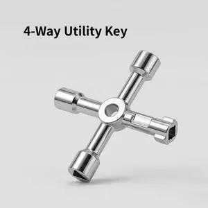4-Way Universal Utility Key, Multi-Function Cross Wrench,Triangle Square Keys for Water Gas Meter Valve Elevator Cabinet, Train Door - 4 in 1 Service Tool