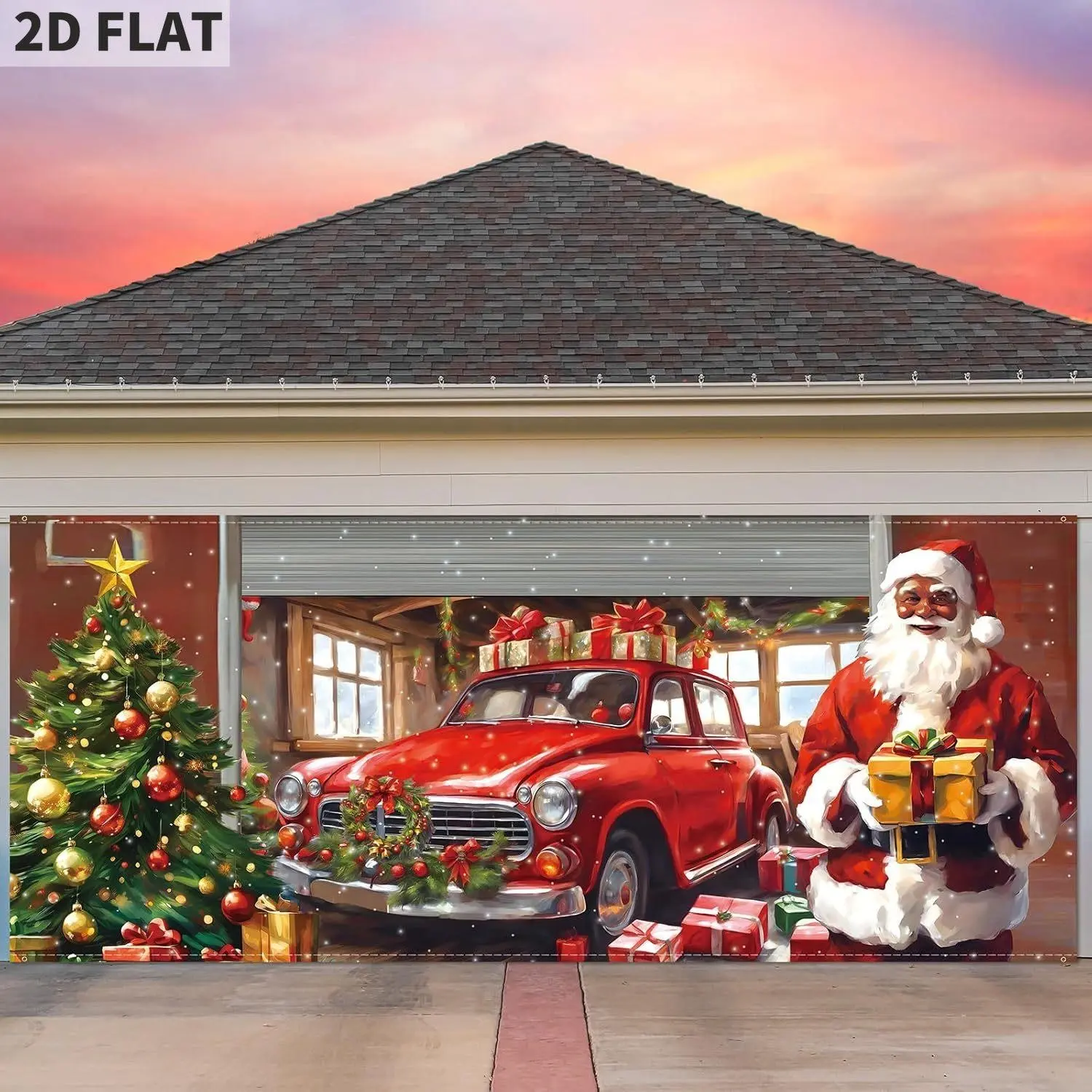 2D FLAT Hanging Ornaments Christmas Garage Door Cover Banner Christmas Garage Door Decorations African American Large Holiday Decorations Banner for Xmas Winter Party(Black Santa)