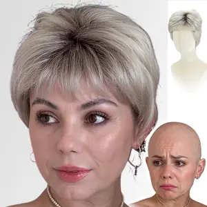 Wendy—WIGYY Short Pixie Cut  Mono Mixed Machine-made Wig Glueless Lace Front Synthetic Wig with Bangs, Sliver Grey, Natural Look, Lightweight Heat-Resistant Protein Fiber Daily Wig