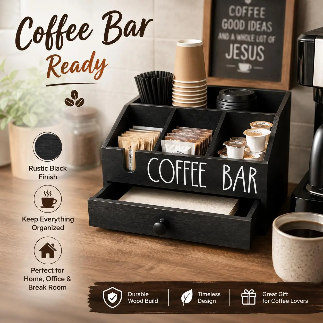 Wooden Coffee Bar Organizer with Drawer, Multi-Compartment Countertop Coffee Station for Pods, Sugar, Tea, Cups, Stirrers and Accessories