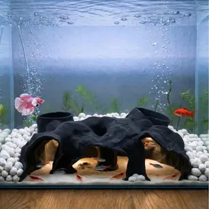 Large Aquarium Tunnel & Cave (9.5" L), 3D Printed Substrate Viewer Fish Hideout with Wide Top Entrances, Tank Decor for Small Fish Corydoras Betta Shrimp Set with 3 Mini Accessories(Black)