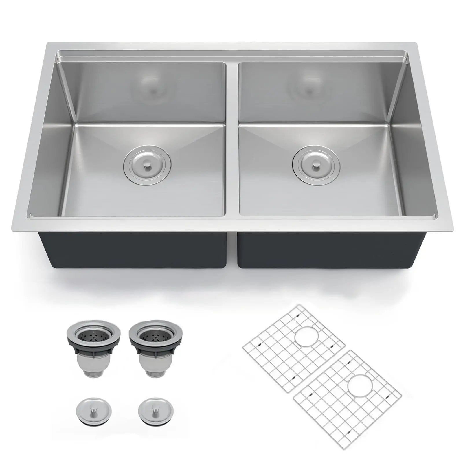 16-Gauge 304 Stainless Steel Undermount Kitchen Sink, 33x19 In Rectangle Flat-Bottom Ledge-Less Modern Design, Double Bowl with Drainboard, 10-In Depth, Brushed Satin Finish, Noise & Vibration Reduction, Includes Bottom Grid & Drain Assembly