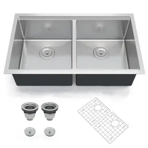 33x19 Inch Undermount Kitchen Sink, Double Bowl with Drainboard, 16 Gauge 304 Stainless Steel, 10" Deep, includes Bottom Grid &Drain Assembly