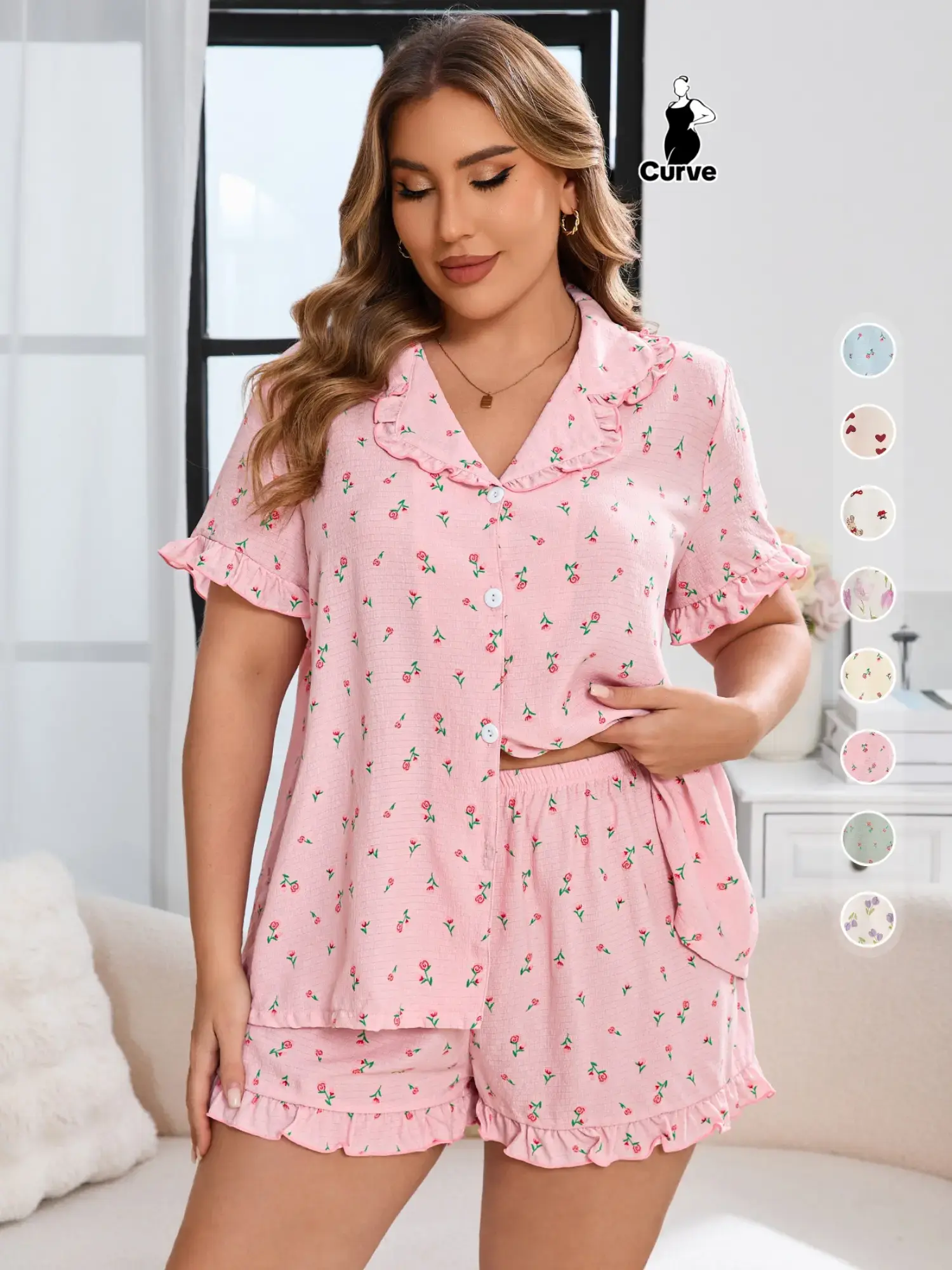 [Plus Size]All Over Print Top & Shorts Pyjama Two-Piece Set, Pajama Set, Casual Lounge Wear, Casual Comfy Short Sleeve Top & Shorts Set, Women's Sleepwear for All Seasons