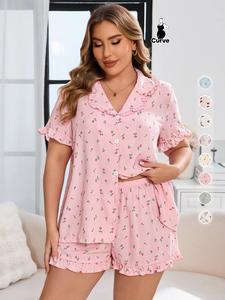 【plus size】 all over floral print top & shorts pyjama two-piece set, cute casual comfy short sleeve top & shorts set, women's sleepwear for all seasons, pajama sets, clothing sets, womenswear