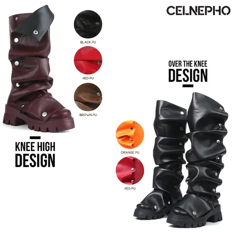 CELNEPHO Womens Platform Slouchy Boots Knee High Fold Over Boot Round Toe Chunky Heels Detachable Snap Off Panel Metallic Button Comfy Long Tall Easy Pull on Outings Streetwear Events Work Casual Wear Gift Party Combat Dressy Trendy Fall Fashion Shoes