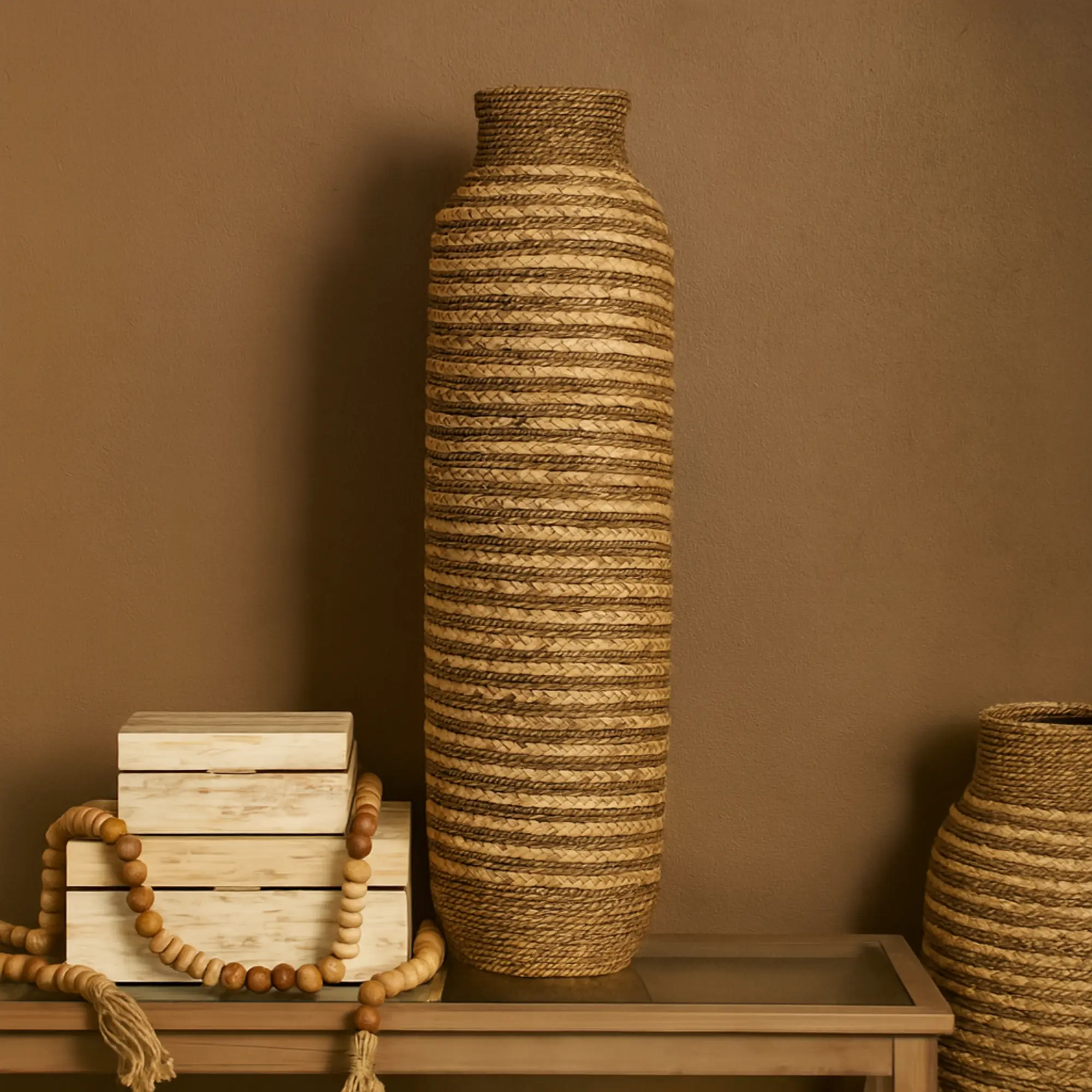 Handmade Round Brown Seagrass Woven Tall Slim Vase - Nature-Inspired Decorative Table Centerpiece for Room Flowers, Home Decor Supplies, Felt-Compatible Accent