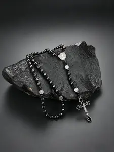 1pc Cool 8mm Hematite Stone Bead Cross Pendant Necklace, Retro Style Rosary Prayer Jewelry, Unisex Gift for All Seasons, Faith Pendant Necklace