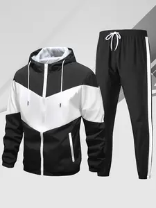 Men's Retro Color Block Splicing Sports Set Zipper Hoodie Combination, Streetwear