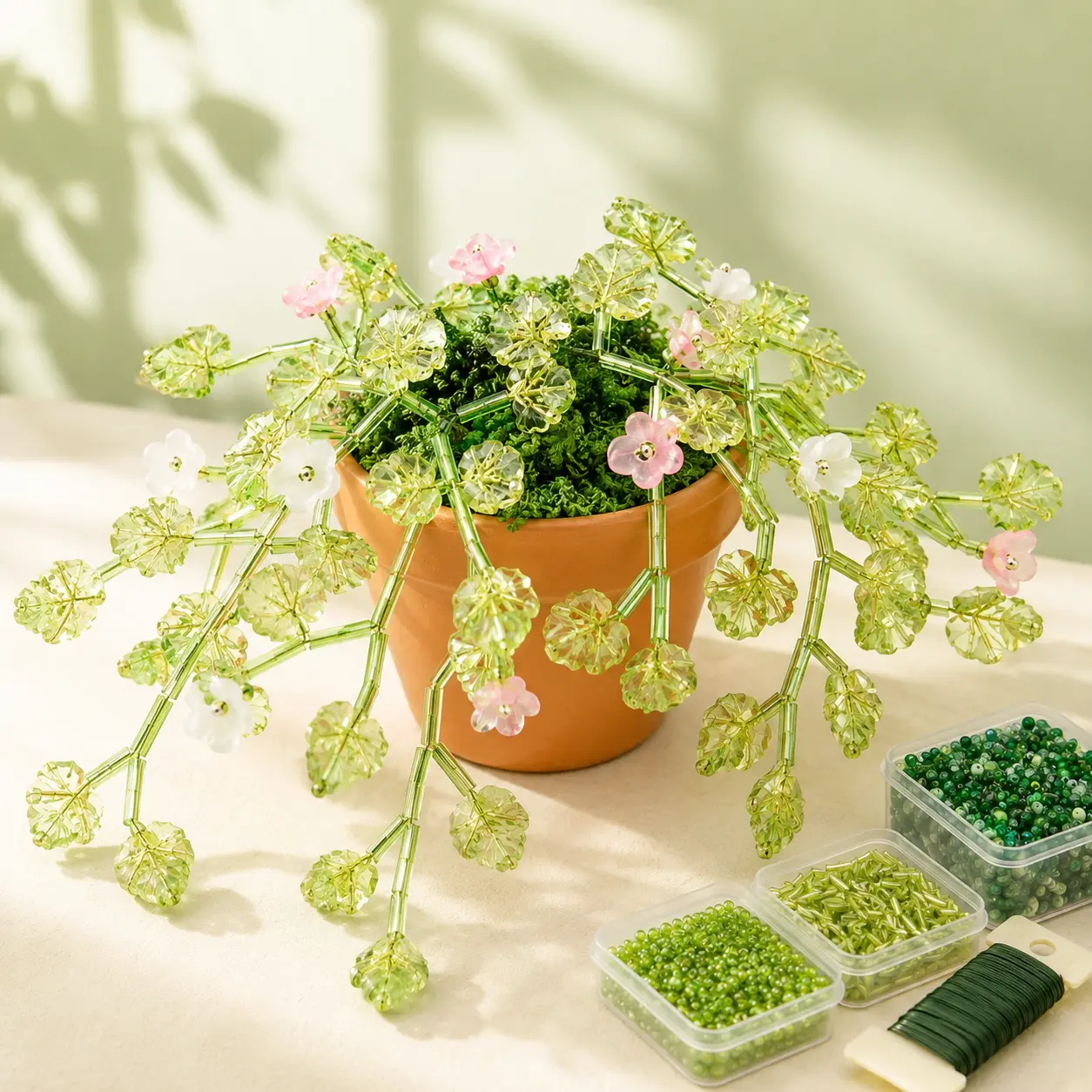 DIY Beaded Potted Plant Craft Kit, Green Acrylic Beads, 150 Leaf Beads, Assorted Flower Beads, Wire, 2 Mini Pots and Moss for Forever Plant Home Decor