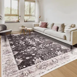 6x9 Washable Vintage Area Rug, Low Pile Non-Slip Floral Indoor Carpet for Bedroom, Living Room, Home Office, Kids Room, Bedside, Home Decor, Light Red, Beige/Blue, Orange, Purple/Yellow, Black/Brown, 4x6, 5x8, 6x9 Feet