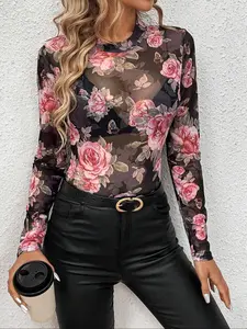 Women's Rose Print Floral Mesh Top, Elegant Chic Fashion Casual Long Sleeve Top for Daily Outdoor Wear, Women Clothing for Spring Fall, Womenswear