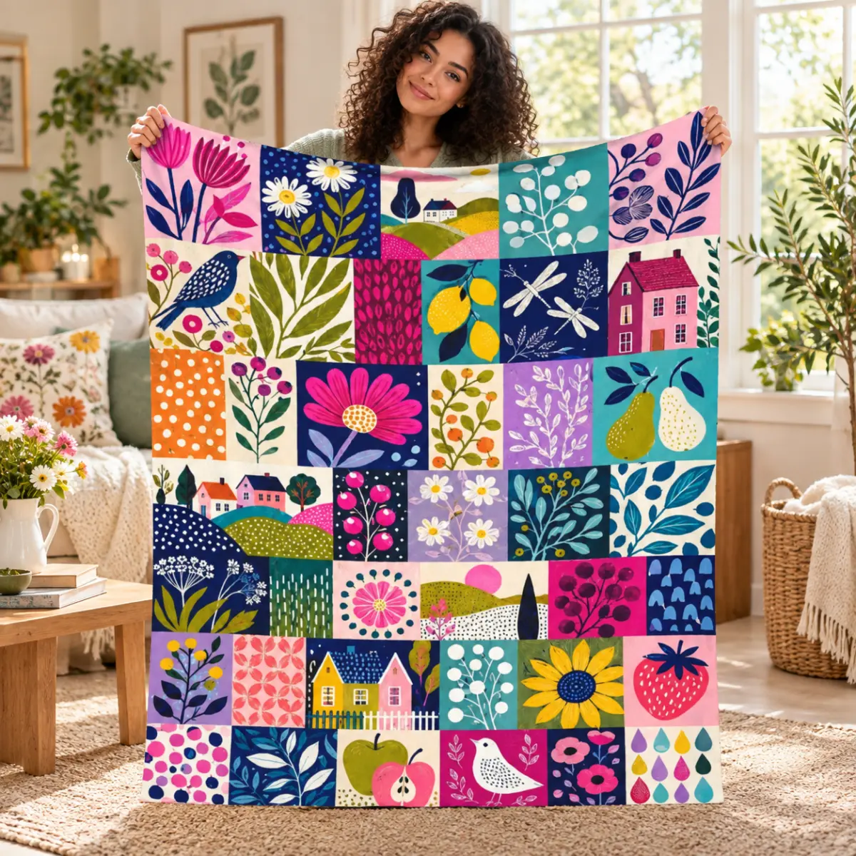 Colorful Patchwork Quilt with Floral and Fruit Patterns for Cozy Home Decor