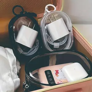 Lightweight Transparent Zippered Storage Bags with Keychain - Durable PVC Organizer for Earbuds Headphones, Chargers & Travel Accessories, Black & White Options, Electronic