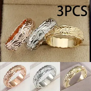 3PCS Exquisite Women Rings Jewelry Set - Classic Golden/Silvery/Rose Golden Handmade Rings Vintage Carved Flower Ring Party Wedding Engagement Anniversary Jewelry Set