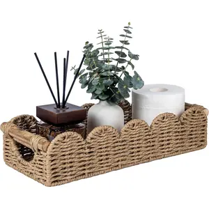 Bathroom Basket Organizer with Cut Out Handle, Back of Toilet Paper Storage Baskets Tray for Bathroom Countertop Decor, Scalloped Wicker Basket for Home Decor, Living Room, Neutral