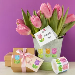 500pcs Spring Glitter Tulip Stickers Roll, 1.5 Inch Bright Floral Waterproof Self-Adhesive Decorative Stickers for Envelopes, DIY Crafts, Birthday, Wedding and Mother's Day Party Favor Decorations