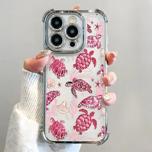 Pink Sea Turtle Pattern Phone Case , Electroplated Cover with Airbag Shockproof Slim Soft TPU Cover for iPhone 11 12 13 14 15 16 Pro Max Plus Luxury