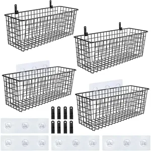 Hanging Wall Mount Storage Baskets w/Adhesive Hooks & Steel Hooks, Multiuse Sturdy Wire Metal Organizing Baskets for Home Kitchen Bathroom Pantry Utility Laundry Organizer, Black
