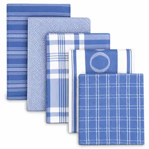 Beille 100% Cotton Kitchen Dish Cloths and Tea Towels Set, 5-Pack, Machine Washable, Assorted Soft Blue Colors and Patterns