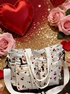 Cherry Print Casual Women's Handbag, Multi-Pocket Zip Design, Adjustable Shoulder Strap, Side Pocket for Water Bottle & Umbrella, Casual Trendy Bag