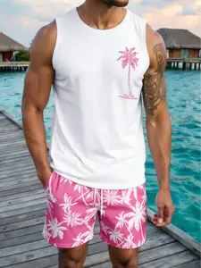 Men's Tropical Coconut Tree Print Round Neck Sleeveless T-Shirt + Drawstring Irregular Shorts Set, Summer Outdoor Sports, Beach Vacation Wear