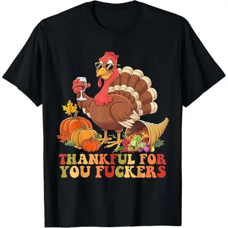 Men's Casual Classic Short-Sleeve Breathable T-Shirt - Thankful For You Design, Thanksgiving Turkey & Wine Drinking Theme, Style lsj08, Top