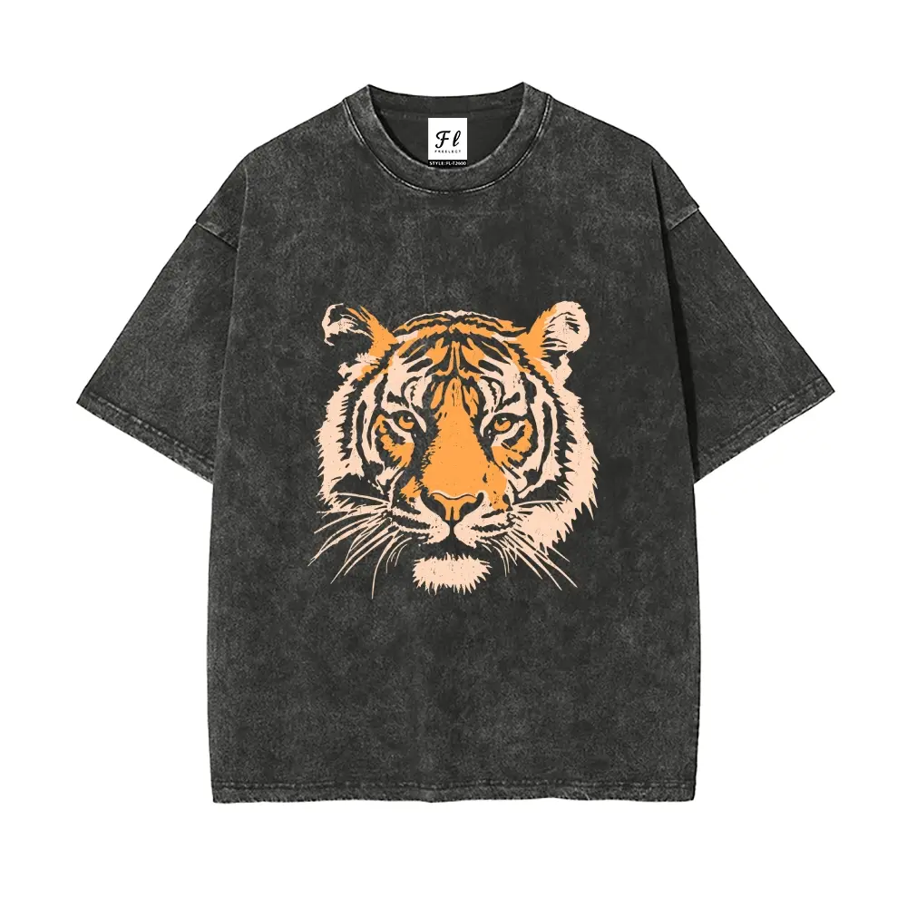 Men's Retro Tiger Graphic T-Shirt, 260g Heavyweight Cotton, Oversized Acid Wash, Short-Sleeve Round Neck Streetwear Top, 90S Baggy Shirts, Outdoor, Heavy Cotton, Fabric