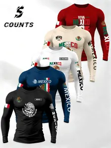 Men's 5-Piece Set Mexican Patriotic Long Sleeve T-Shirt, Athletic Letter Print, Elastic Sporty Fitness Top, Daily Wear/hardcore Gym Use, High Return Rate