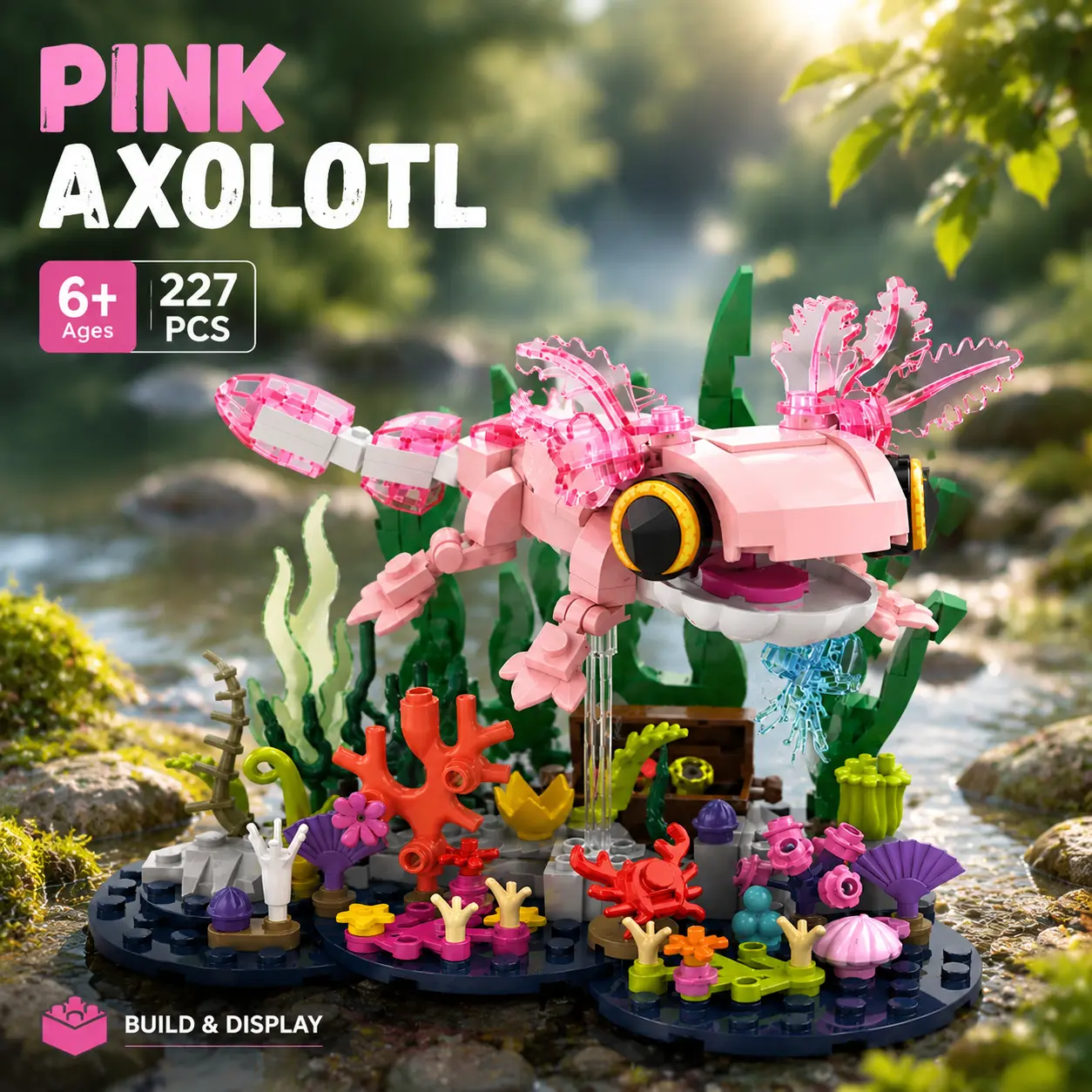 Pink Axolotl Building Blocks Set for Kids,Aquatic Animal Toy, Cute Underwater Salamander Model with Coral Reef Scene, DIY STEM Construction Toy, Aquarium Display Collectible Gift for Kids and Adults,magnetic building cube,adorable animal Diy Kit Bricks