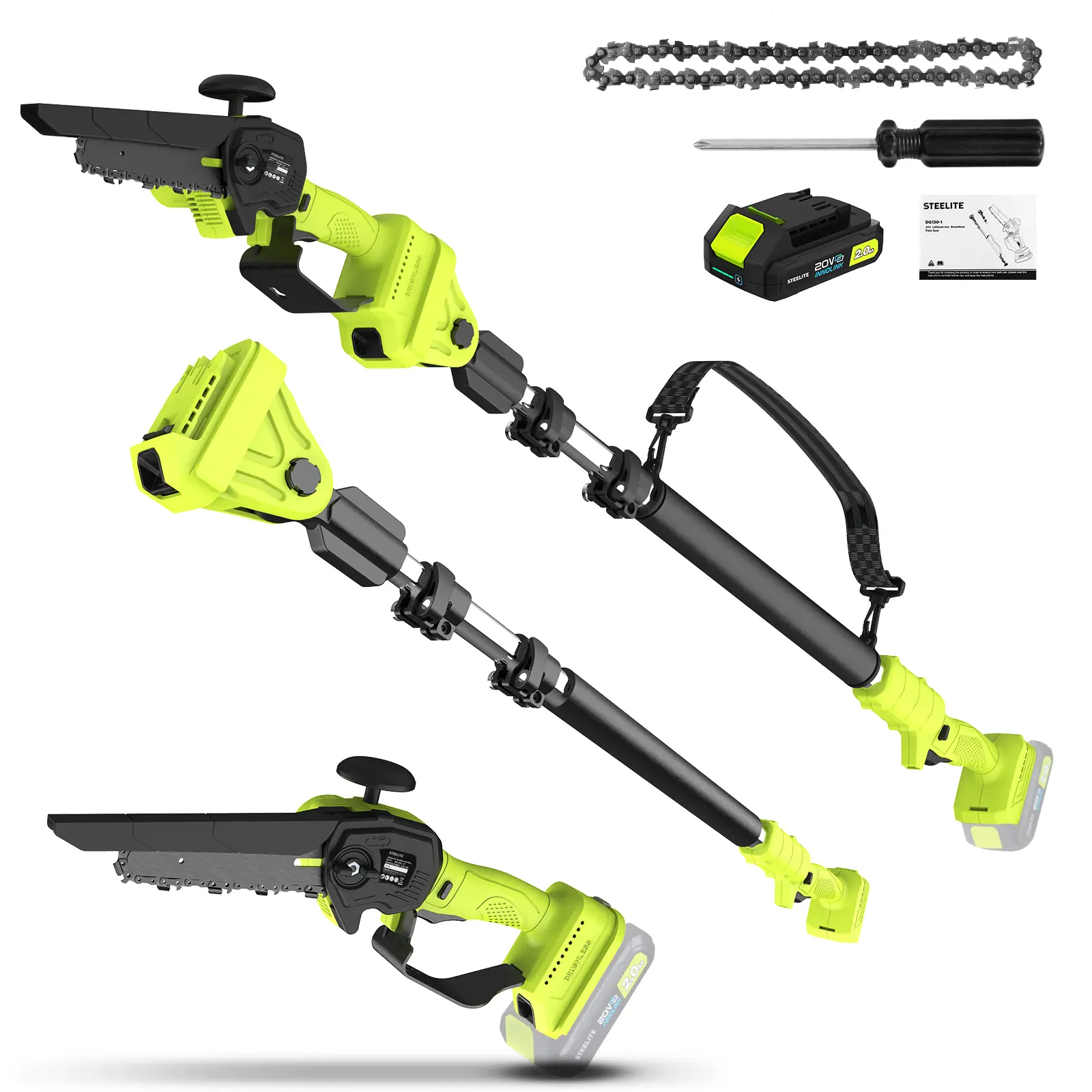STEELITE 2-in-1 Electric Pole Saw & Mini Chainsaw, Lightweight Cordless 6 Inch Brushless 21V with Battery & Extension Pole for Tree Trimming, Great Gift for Men Dad Husband, Battery Powered Chainsaw, Fathers Day Gift Ideas