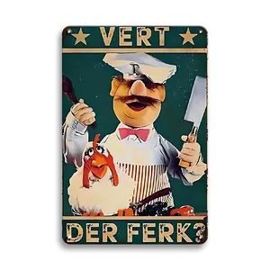 Vintage Swedish Chef Vert Der Ferk Metal Sign, 8x12 Inch Tin Plate Kitchen Decor, Rustic Farmhouse Style for Home, Cafe, School Vintage Beer