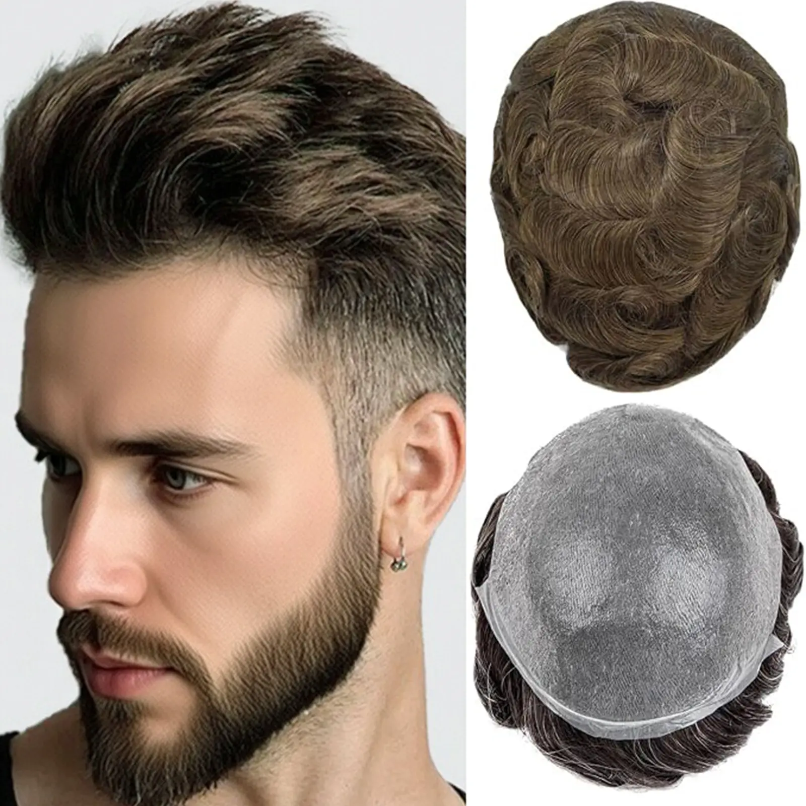 Ultra Thin Skin Men Human Hair Toupee Natural Hairline Invisible Hair System For Bald Loss #MenToupee #18color v-looped hairpiece replacement system