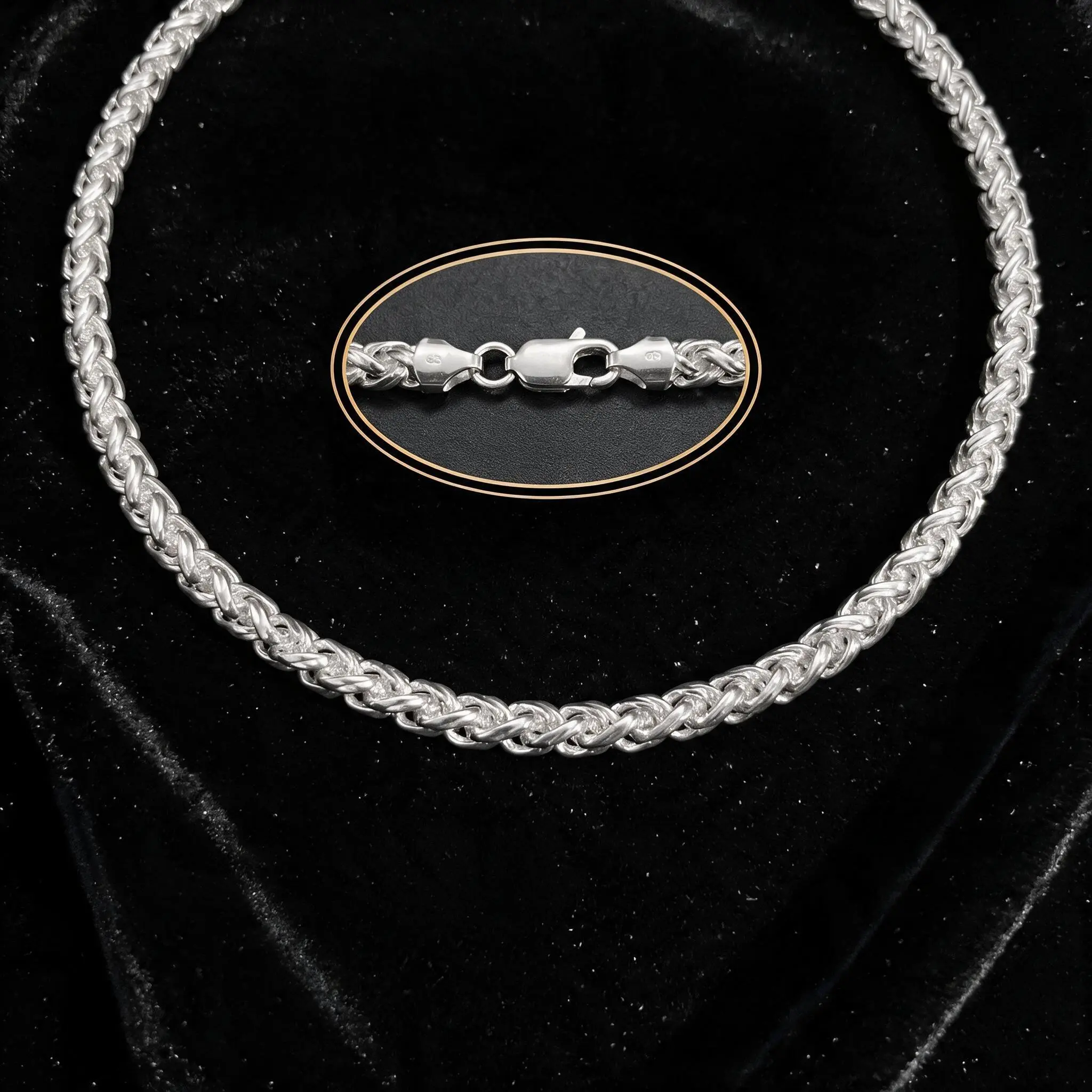 925 silver plated Wheat Chain  4mm Italy New Foxtail Spiga Necklace,Hypoallergenic & Tarnish-Resistant, Durable Hip Hop Jewelry for Daily Wear