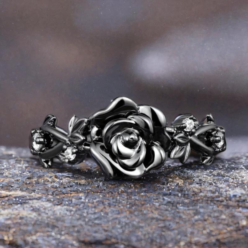 Vintage Black Rose Ring for Women - Stylish Elegant Daily Accessory Ideal Gift for Birthdays Valentine's Day Halloween Christmas Engagements Weddings Unique Rings rings for women