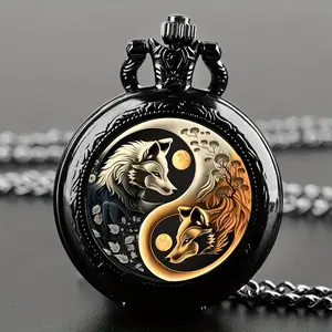 Durable Build) Vintage Yin-Yang Wolf Design Quartz Pocket Watch, Black Alloy Case with Chain - Ideal Teen Gift, Timepiece Collection | Yinyang Motif | Metallic Chain Belt