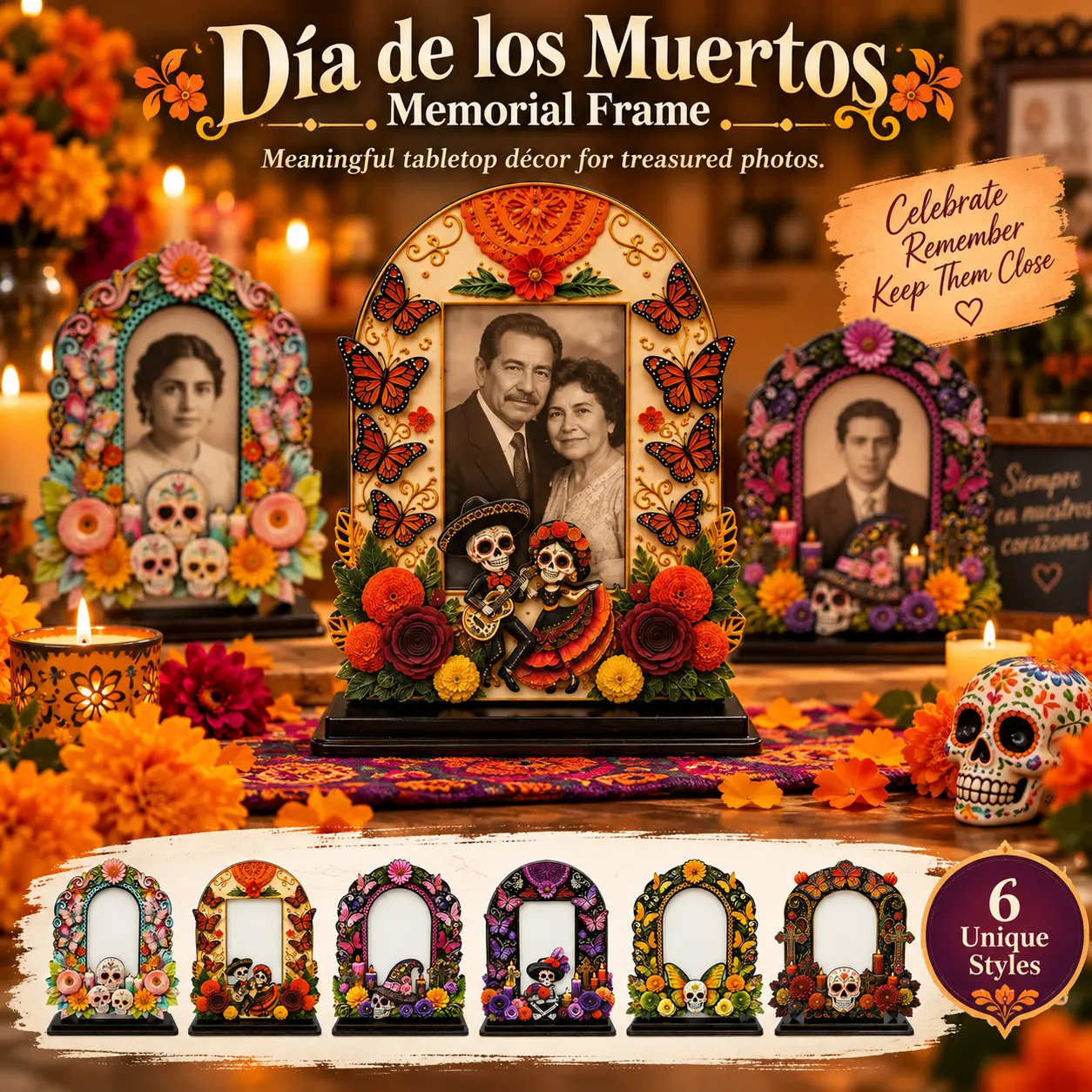 Day of the Dead Wooden Photo Frame for Ofrenda Altar Display, Tabletop Decor, Multiple Styles