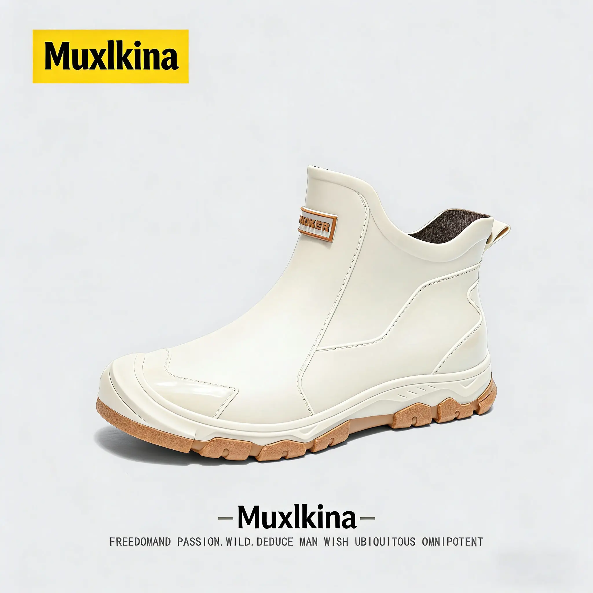 Women's fashionable ankle boots with letter tag design, unisex rain boots, waterproof, soft, and non-slip.