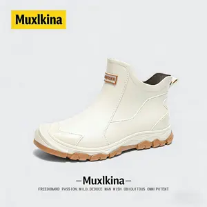 Women's fashionable ankle boots with letter tag design, unisex rain boots, waterproof, soft, and non-slip.